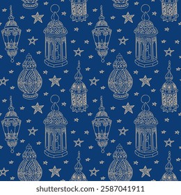 Seamless Ramadan pattern with hand drawn lanterns and stars on a deep blue background, perfect for festive designs, textiles, and Islamic holiday decorations. Vector illustration with doodle drawings