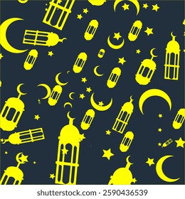  A seamless Ramadan pattern with lanterns, crescent moons, and Islamic motifs in gold and dark blue.
