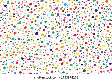 Seamless Random Art. Rainbow Pattern Cute Summer. Geometric Ink Dot Concept. Abstract Fashion Drop. Color Dot. Pink Bright Explosion Blast. Yellow Vector Spot Confetti. Small Party Polka Background.