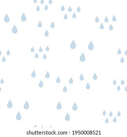 Seamless random baby pattern with blue water drops on white background. Nature, liquid, rain pattern. Vector illustration. Cartoon rain weather wallpaper. Rainy day.