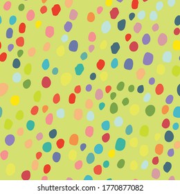 Nahtloser Zufallspunkt. Rainbow Retro Polka Hintergrund. Farbpunkt. Green Vector Spot Splatter. Abstraktes grafisches Symbol. Rosa Fliegender Weihnachtsbrand. Nahtlose Tinte spart. Kleiner Muster-Kinderkreis.