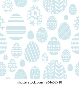Seamless random easter eggs pattern in blue color. Geometric and floral decorations.