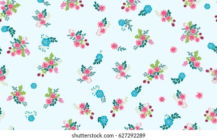Seamless random folk pattern in small wildflowers. Country style millefleurs. Floral meadow background for textile, wallpaper, pattern fills, covers, surface, print, gift wrap, scrapbooking, decoupage