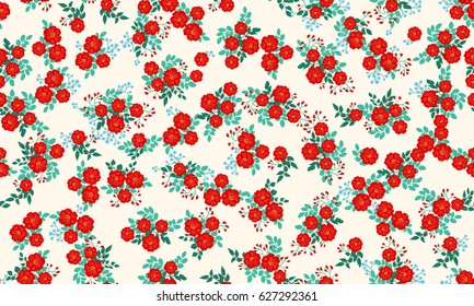 Seamless random folk pattern in small wildflowers. Country style millefleurs. Floral meadow background for textile, wallpaper, pattern fills, covers, surface, print, gift wrap, scrapbooking, decoupage