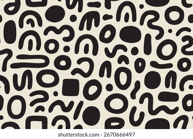 Formas aleatórias e curvas em preto sobre fundo creme, composição divertida.