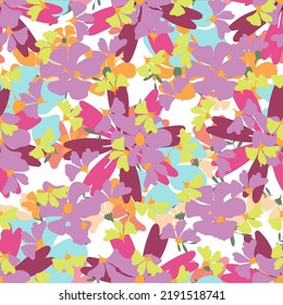 Seamless random layered floral print fabric pattern. Abstract flowers surface pattern