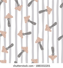 Seamless random pale pattern with mushroom simple elements. Grey and white striped background. Designed for fabric design, textile print, wrapping, cover. Vector illustration.
