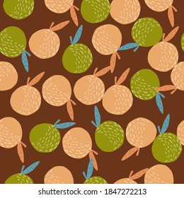 Patten sin foco con adorno decorativo de manzana. Frutos verdes y naranjas con un fondo marrón. Impresión vectorial plana para textiles, tela, giftwrap, papel pintado. Ilustración sin fin.