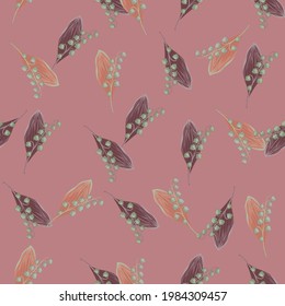 Seamless random pattern with abstract doodle lily of the valley shapes. Pale pink and purple colors artwork. Graphic design for wrapping paper and fabric textures. Vector Illustration.