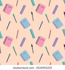 A seamless random pattern of ballpen,ruler, and notebook on a cream background in a school object minimal concept, Vector