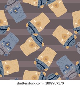 Seamless random pattern with bears head abstract print. Funny animals in hats on striped brown background. Flat vector print for textile, fabric, giftwrap, wallpapers. Endless illustration.
