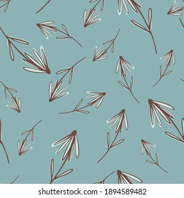 Seamless random pattern with beige outline flower silhouettes. Blue background. Spring backdrop. Flat vector print for textile, fabric, giftwrap, wallpapers. Endless illustration.