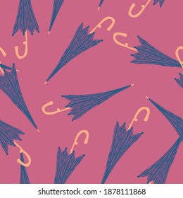 Seamless random pattern with blue fall seasonal umbrella shapes. Pink background. Perfect for fabric design, textile print, wrapping, cover. Vector illustration.