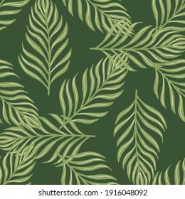 Nahtlose Zufallsmuster mit botanischen tropischen Farnblattverzierungen. Grüner Hintergrund. Doodle-Stil. Stockillustration. Vektordesign für Textilien, Gewebe, Geschenkpapier, Wallpaper.