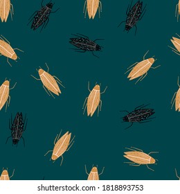 Seamless random pattern with bugs beige and black silhouettes. Dark turquoise background. Wildlife print. Perfect for wallpaper, textile, wrapping paper, fabric print. Vector illustration.