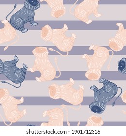 Seamless random pattern with childish doodle lion silhouettes print. Blue and purple light striped background. Graphic design for wrapping paper and fabric textures. Vector Illustration.