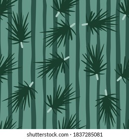 Seamless random pattern with dark green coniferous branches silhouettes. Forest tree ornament on stripped pale background. For fabric design, textile print, wrapping, cover. Vector illustration.