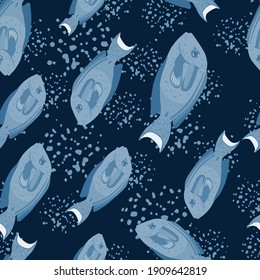 Seamless random pattern with doodle blue surgeon fish silhouettes. Dark navy blue background with splashes. Decorative backdrop for fabric design, textile print, wrapping, cover. Vector illustration