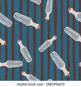 Seamless random pattern with fantasy vintage potion bottle shapes. Striped blue background. Designed for fabric design, textile print, wrapping, cover. Vector illustration
