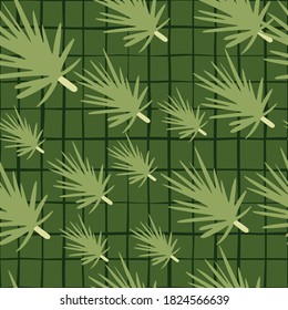 Seamless random pattern with forest pine branches silhouettes. Green palette coniferous artwork. Chequered background. Designed for fabric design, textile print, wrapping, cover. Vector illustration.