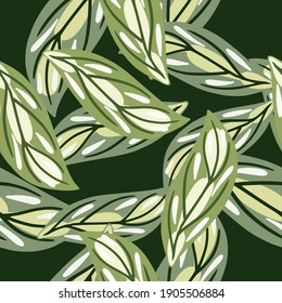 Seamless random pattern with green abstract contoured leaf shapes. Dark green background. Simple design. Designed for fabric design, textile print, wrapping, cover. Vector illustration