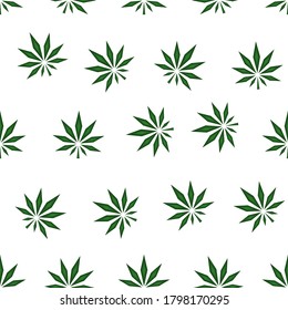 Seamless random pattern of green cannabis leaves on transparent background