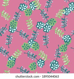 Seamless random pattern with green contoured flowers silhouettes. Pink background. Stock illustration. Vector design for textile, fabric, giftwrap, wallpapers.
