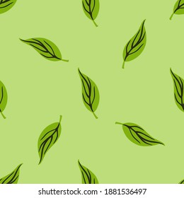 Seamless random pattern with green patel foliage silhouettes. Minimalistic style. Flat vector print for textile, fabric, giftwrap, wallpapers. Endless illustration.