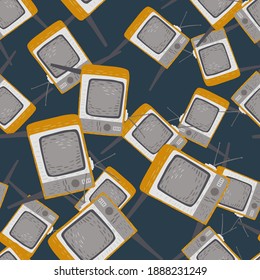 Seamless random pattern with grey retro tv technic print. Dark turquoise background. Flat vector print for textile, fabric, giftwrap, wallpapers. Endless illustration.