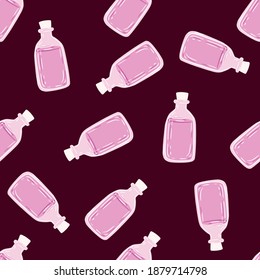 Seamless random pattern with hand drawn pink medicine bottle ornament. Black background. Perfect for fabric design, textile print, wrapping, cover. Vector illustration.