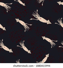 Seamless random pattern with hand drawn ligth squid shapes. Brown dark background. Decorative backdrop for fabric design, textile print, wrapping, cover. Vector illustration