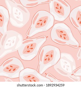 Seamless random pattern with hand drawn white pear silhouettes. Pink background. Vector illustration for seasonal textile prints, fabric, banners, backdrops and wallpapers.