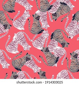 Seamless random pattern with hand drawn tiger simple silhouettes. Pastel pink background. Doodle design. Flat vector print for textile, fabric, giftwrap, wallpapers. Endless illustration.