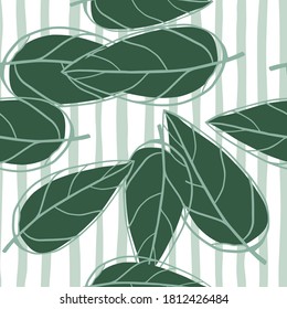 Seamless random pattern with leaves outline silhouettes. Green foliage shapes different sized on stripped background with white and blue lines. Vector illustration.