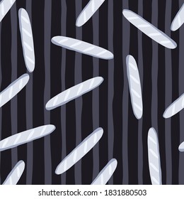 Seamless random pattern with light baguette ornament. Dark grey and black striped background. Fresh pastry backdrop. Perfect for fabric design, textile print, wrapping, cover. Vector illustration.