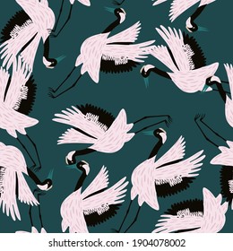 Seamless random pattern with light tones chinese crane birds shapes. Turquoise dark background. Designed for fabric design, textile print, wrapping, cover. Vector illustration.