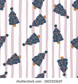 Seamless random pattern with navy blue new year tree toy shapes. Decorative kids print on background with purple and white strips. For fabric design, textile, wrapping, cover. Vector illustration