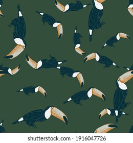 Seamless random pattern with navy blue tiucan bird shapes. Green background. Doodle simple design. Flat vector print for textile, fabric, giftwrap, wallpapers. Endless illustration.