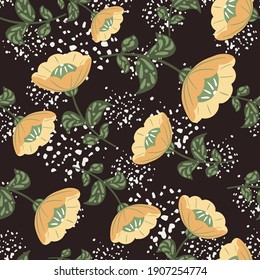 Seamless random pattern with orange folk flowers print. Brown background with splashes. Simple design. Perfect for fabric design, textile print, wrapping, cover. Vector illustration.