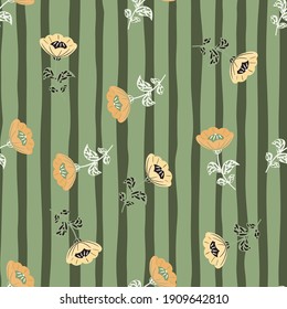 Seamless random pattern with orange pastel vintage flowers print. Green pastel striped background. Perfect for fabric design, textile print, wrapping, cover. Vector illustration.