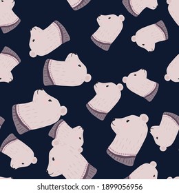 Patrón aleatorio sin brillo con adorno de perfil del oso de doodle gris pálido. Fondo azul marino oscuro. Ilustración bursátil. Diseño vectorial para textiles, tela, giftwrap, papel pintado.