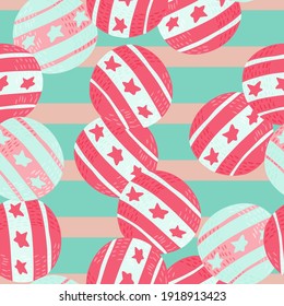 Seamless random pattern with pink colored circus ball elements. Striped pink and blue background. Stock illustration. Vector design for textile, fabric, giftwrap, wallpapers.