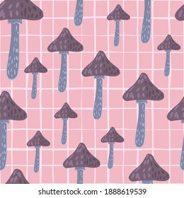 Seamless random pattern with purple and blue colored mushroom elements. Pink chequered background. Perfect for fabric design, textile print, wrapping, cover. Vector illustration.