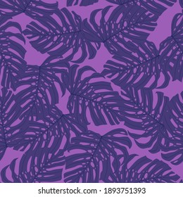 Seamless random pattern with purple monstera foliage tropic ornament. Lilac background. Decorative backdrop for wallpaper, textile, wrapping paper, fabric print. Vector illustration.