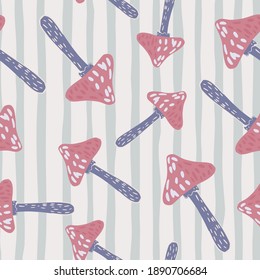 Seamless random pattern with purple and pink colored fairytail mushrooms. Striped light background. Great for fabric design, textile print, wrapping, cover. Vector illustration.