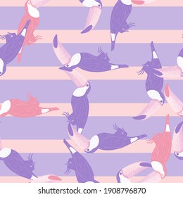 Seamless random pattern with purple and pink colored toucan birds shapes. Striped background. Flat vector print for textile, fabric, gift wrap, wallpapers. Endless illustration.