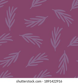 Seamless random pattern with rosemary branch doodle silhouettes. Floral backdrop in purple tones. Perfect for fabric design, textile print, wrapping, cover. Vector illustration.