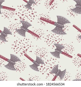 Seamless random pattern with scandinavian viking ax elements. Battle armor ornament on light background with splashes. Great for fabric design, textile print, wrapping, cover. Vector illustration.