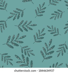 Seamless random pattern with simple floral branches. Blue pale background. Grey foliage ornament. Flat vector print for textile, fabric, giftwrap, wallpapers. Endless illustration.