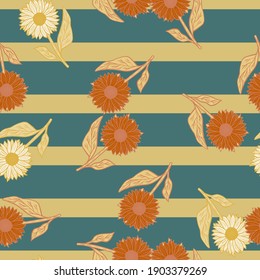 Seamless random pattern with summer field sunflowers silhouettes in orange tones. Blue striped background. Graphic design for wrapping paper and fabric pattern. Vector Illustration.